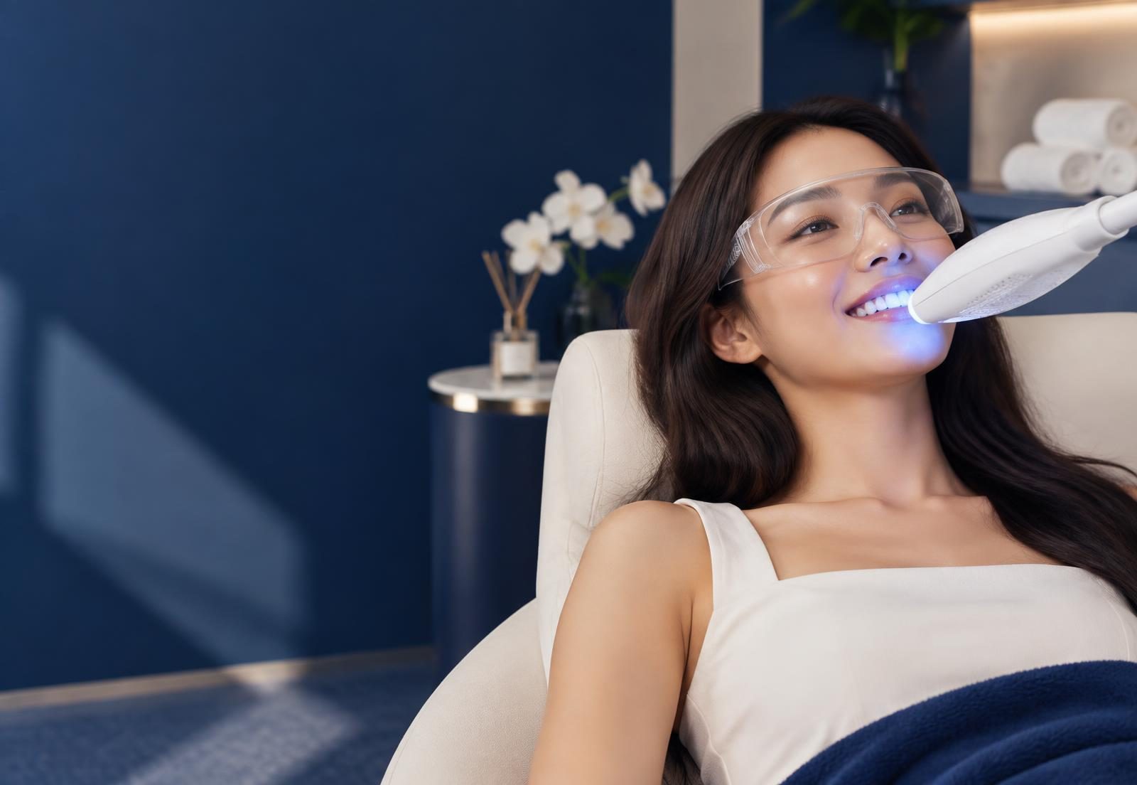 Guest relaxing during an LED teeth whitening session